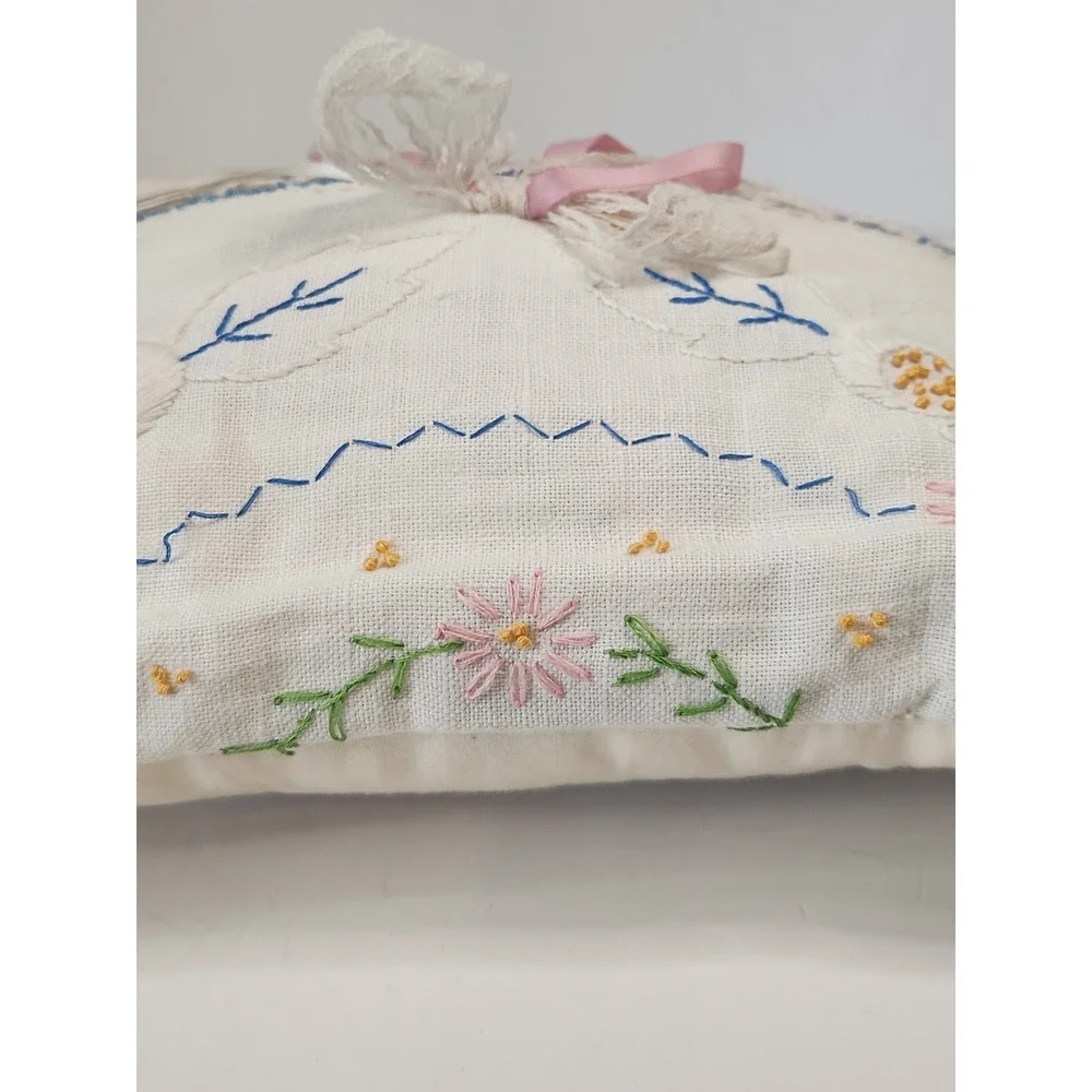 Vintage Handmade Floral Pillow 10x11 Embroidered Linen Lace Ribbon Cottagecore